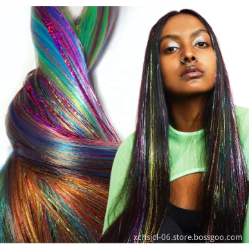 Wholesale100-200 Strands Silk Flash Shiny Hair Tinsel Party Highlights Glitter Super Bright Synthetic Hair Extension for gorl